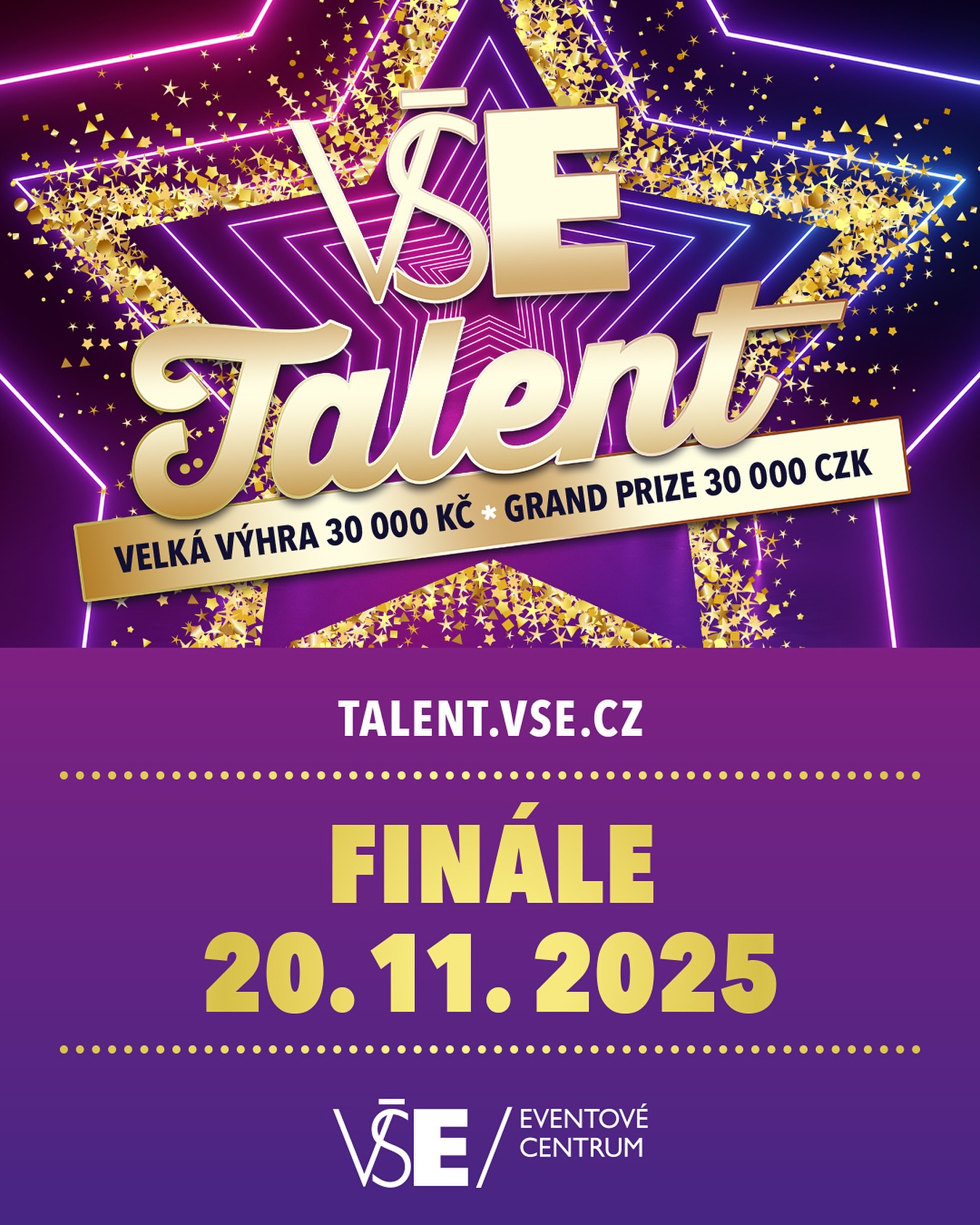 🇨🇿 Finále Talentu VŠE 2025 je tu! 🔥

🎤✨ Kdo se stane novou hvězdou VŠE?
O tom tentokrát rozhodne odborná porota složená z vedení VŠE, která už se těší na výkony finalistů i atmosféru zaplněného sálu.

Přijďte si užít skvělý večer v té nejlepší společnosti, podpořit své favority a být u toho, když vznikají nové kampusové legendy. 💙✨

📍Kde? Vencovského aula
🗓️Kdy? 20. listopad 2025
⏰V kolik? 19 hod 

Těšíme se na vás!🤩👋🏻

🇬🇧 VŠE Talent Finale 2025 is here! 🔥

🎤✨ Who will become the new star of VŠE?
This year, the winner will be chosen by a professional jury composed of VŠE management, who are already looking forward to the performances of the finalists and the atmosphere of a full auditorium.

Come enjoy a great evening in the best company, support your favourites, and be there when new campus legends are born. 💙✨

📍 Where? Vencovskeho Auditorium
🗓️ When? 20 November 2025
⏰ What time? 7 PM

We can’t wait to see you! 🤩👋🏻