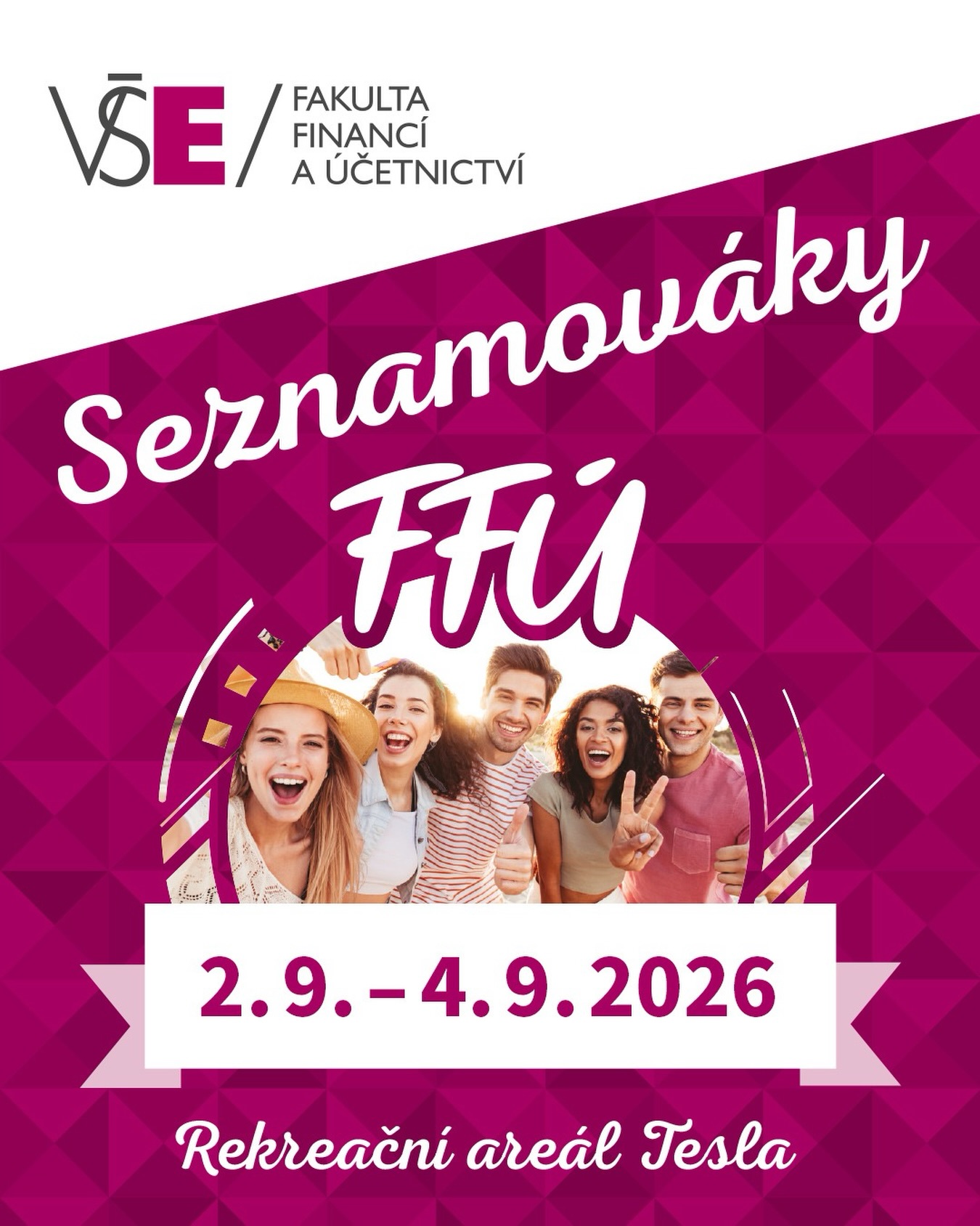 🎓 Nastupujete letos do prvního ročníku na Fakultě financí a účetnictví VŠE @ffu_vse? 👀💜

Pak byste rozhodně neměli chybět na Seznamováku studijních programů určeném právě pro nové studenty a studentky FFÚ VŠE! 🌟

Čekají vás tři dny plné zábavy, nových kamarádů a užitečných tipů od starších spolužáků. To je perfektní start do vysokoškolského života! 🎒

Seznamováky jsou určeny pro studenty těchto programů:
🔹 Finance
🔹 Účetnictví a finanční řízení podniku
🔹 Bankovnictví a pojišťovnictví
🔹 Zdanění a daňová politika

📍 Kdy a kde?
2. – 4. září 2026 v areálu Tesla na Seči.

ℹ️ Více informací a registraci najdete na: 👉 seznamovaky.vse.cz/ffu

Těšíme se na společný start do nového akademického roku! 🙌

#seznamovakyvse